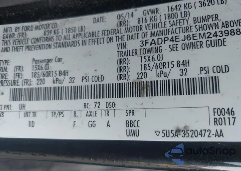 2014 Ford Fiesta Se from USA, damaged, VIN 3FADP4EJ6EM243988